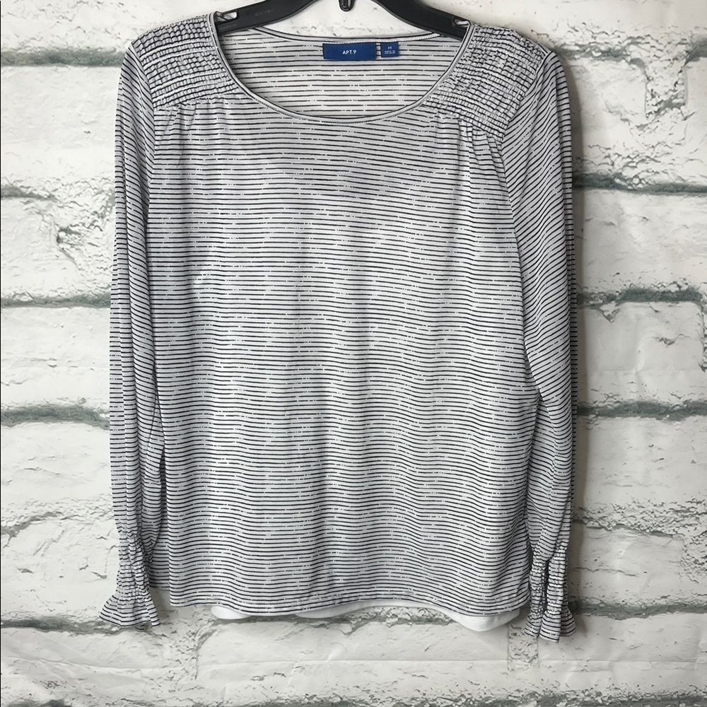 Apt. 9 Monochrome Striped Long Sleeve Sheer Blouse with White Tank - Size M NWOT